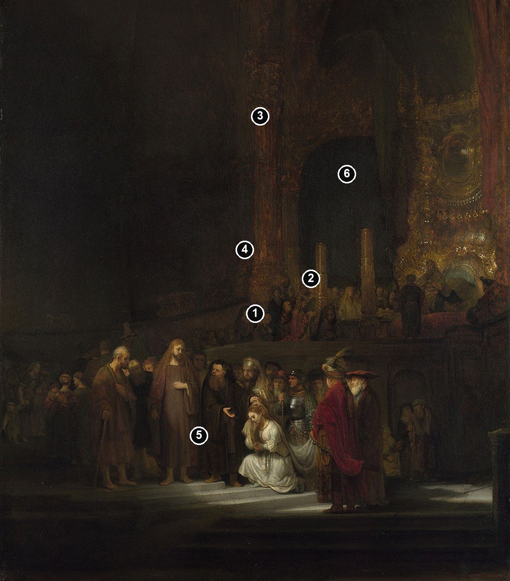 Annotated details from The Woman Taken in Adultery by Rembrandt van Rijn